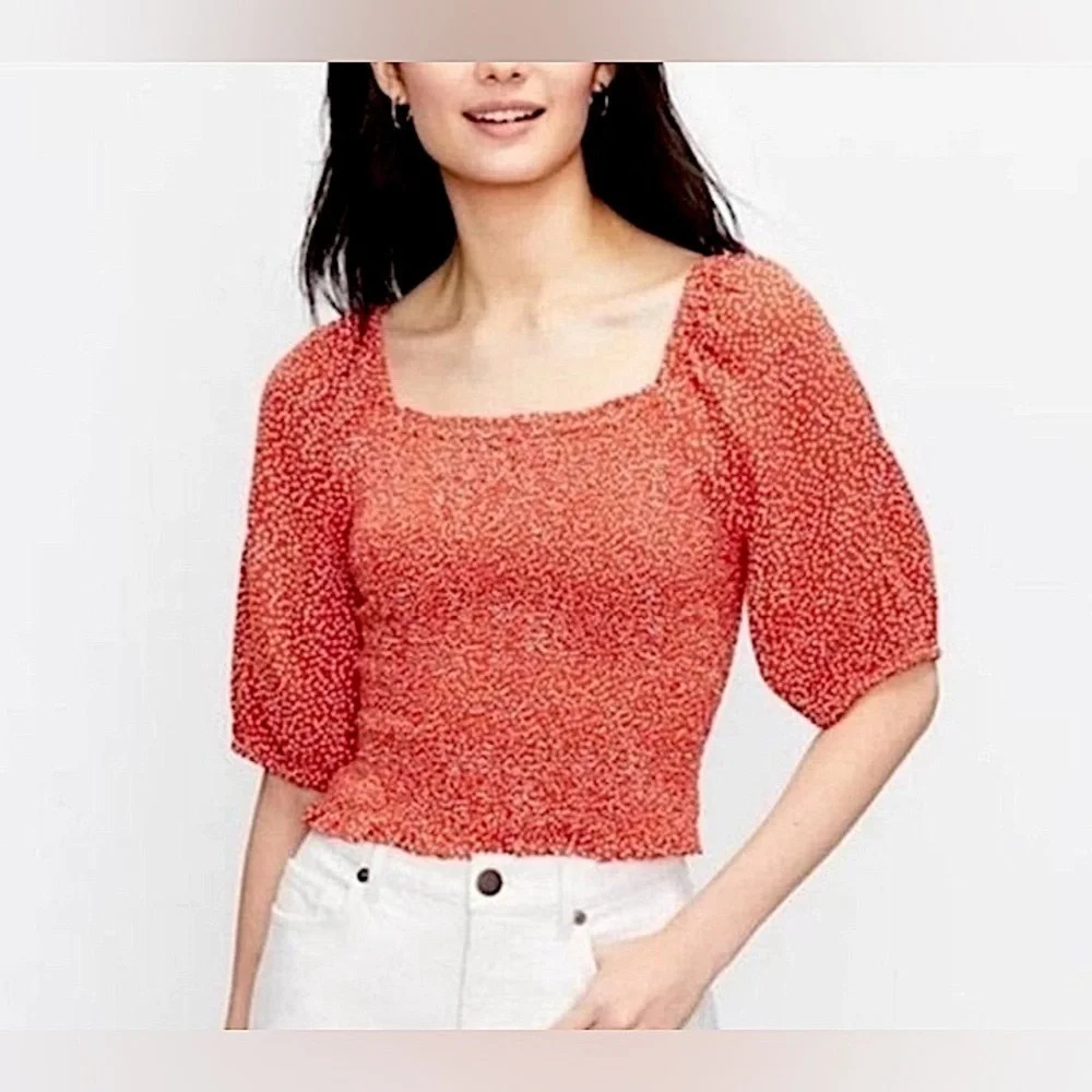 LOFT Coral Puff-Sleeve Smocked Top